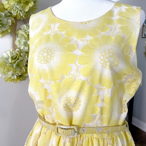 Modcloth Yumi Yellow Floral Lace Belted Sleeveless Summer Dress - Picture 3 of 11